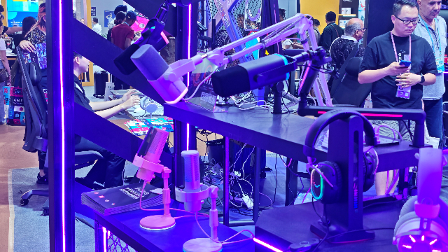 和佳电子展位上展示的多款麦克风(记者/摄)